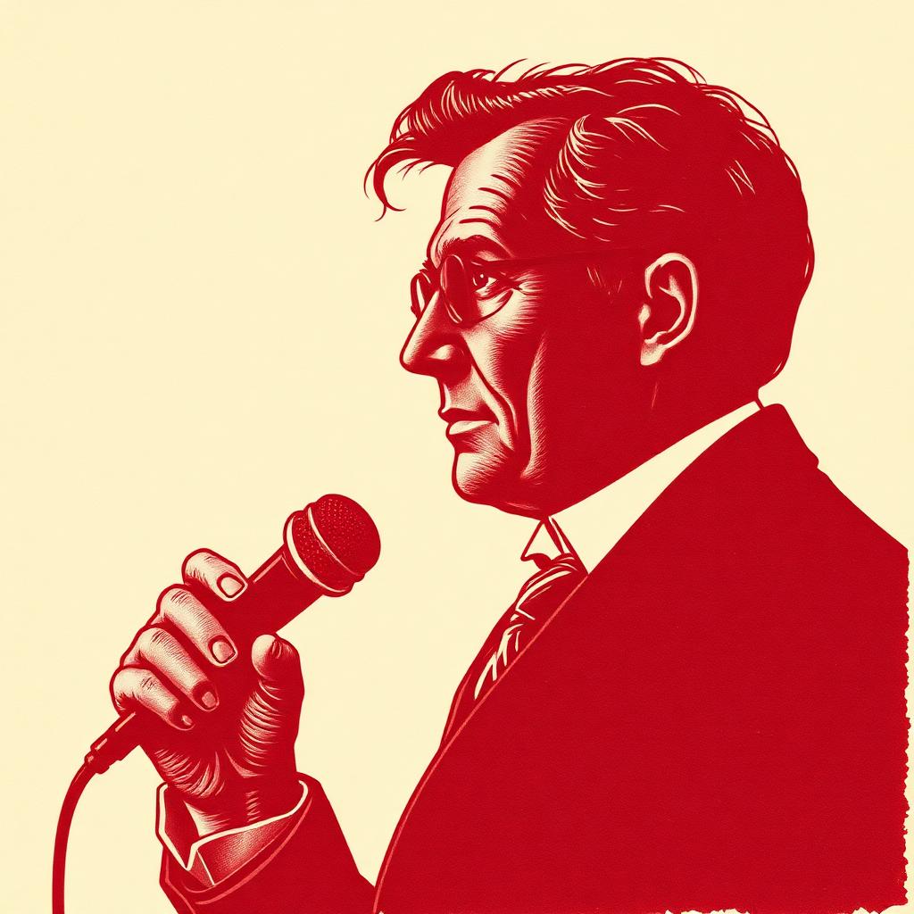 Engraving of a speaker at a microphone